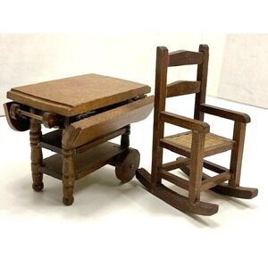 Vtg‎ lot ot 2 Wood Miniature Doll Furniture Beverage Cart Table Rocking Chair